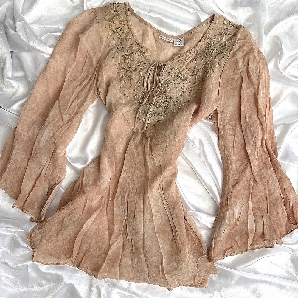 Newport News Boho Embroidered Sequin Tie Dye Tunic Top Pink Size 6
